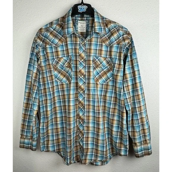 Panhandle Rough Stock XL Blue/Brown Plaid With Paisley Cuff Pearl Snap Shirt - Picture 2 of 8